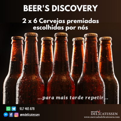 Sete garrafas de cerveja castanhas com condensação em fundo escuro com texto promoções e contactos.