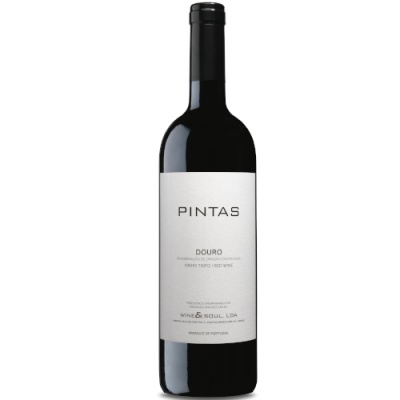 Garrafa de vinho tinto Pintas Douro com rótulo branco e texto preto