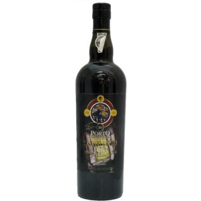 Garrafa de vinho do Porto Vintage 1963 com rótulo preto e detalhes dourados