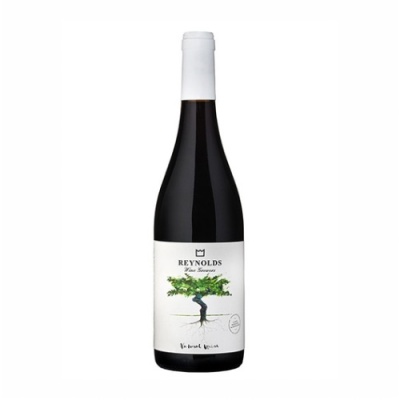 Garrafa de vinho tinto com rótulo branco e desenho de árvore