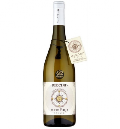 Garrafa de vinho branco Memoro Piccini com selo pendurado e tampa branca