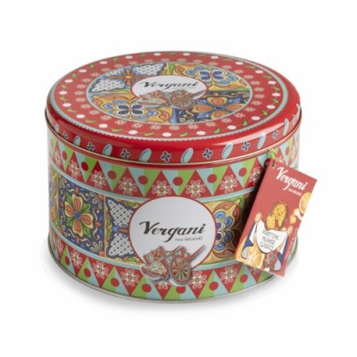 Lata de metal redonda decorada com padrões coloridos e etiquetas Vergani THE MILANO.