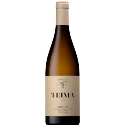 Garrafa de vinho branco TEIMA 2021, rótulo creme com texto preto, tampa bege