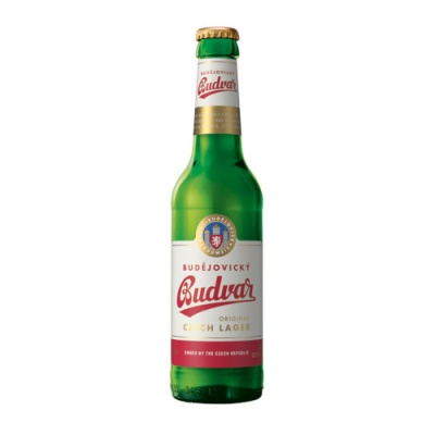 Garrafa verde de cerveja Budějovický Budvar com rótulo branco, dourado e vermelho