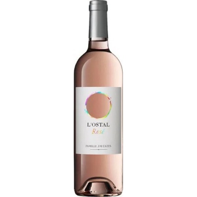 Garrafa de vinho rosé L'OSTAL Rosé com rótulo branco e círculo colorido