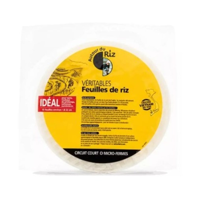 Pacote de folhas de arroz redondas com rótulo amarelo e texto em francês