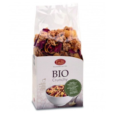 Pacote transparente de granola BIO Crunchy da Fuchs com rótulo branco e tigela de granola na frente