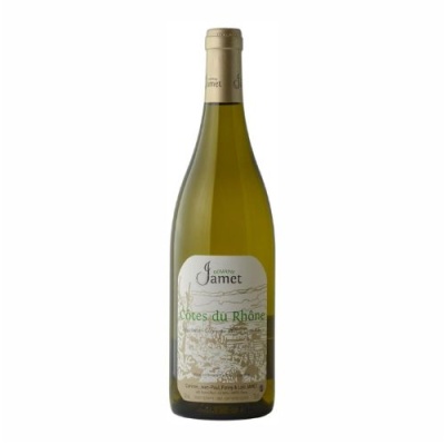 Garrafa de vinho branco Domaine Jamet Côtes du Rhône com rótulo branco e verde