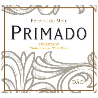 Etiqueta de vinho branco Primado com decoração gráfica e texto informativo.