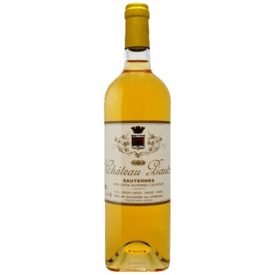 Garrafa de vinho branco Château Piaut com rótulo branco e tampa amarela