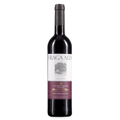 Garrafa de vinho tinto Fraga Alta Douro com rótulo branco e bordô