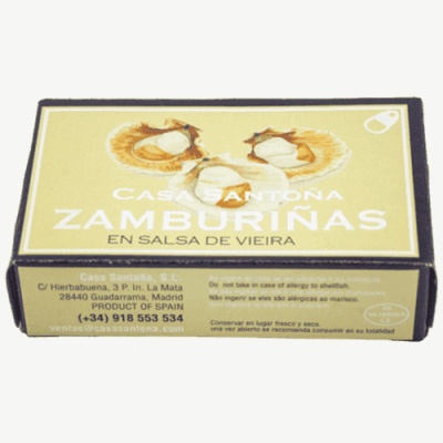 Caixa amarela com zamburiñas e texto Casa Santona Zamburiñas