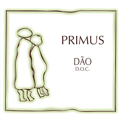 Etiqueta de vinho PRIMUS DÃO D.O.C. com desenho de duas figuras humanas