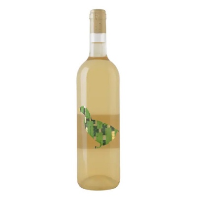 Garrafa de vinho branco com rótulo colorido e tampa de cortiça