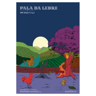 Cartaz ilustrado de paisagem rural com animais e texto PALA DA LEBRE DOC Douro Portugal