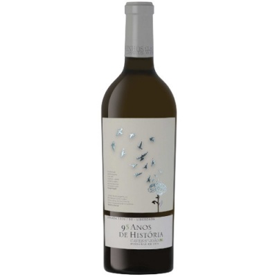 Garrafa de vinho com rótulo branco e ilustração de dente-de-leão