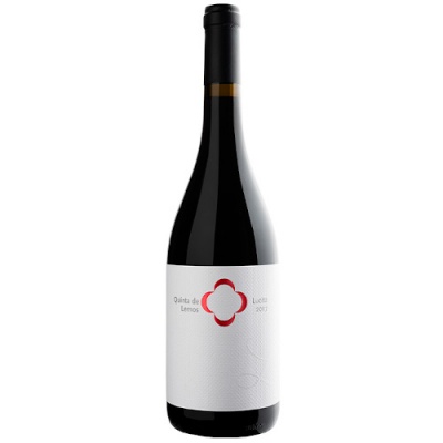Garrafa de vinho com rótulo branco e design geométrico vermelho