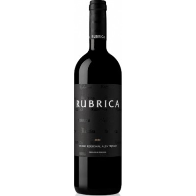 Garrafa de vinho tinto RUBRICA com rótulo preto e texto branco e dourado