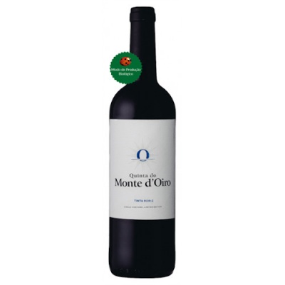 Garrafa de vinho Quinta de Monte d'Oiro com rótulo branco e selo verde