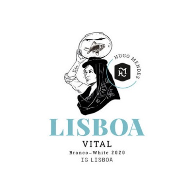 Etiqueta de vinho LISBOA VITAL Branco-White 2020 com ilustração de mulher e peixe