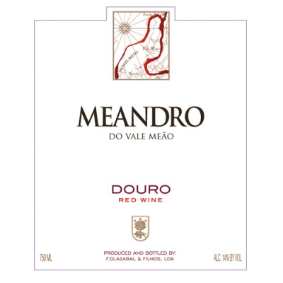 Rótulo de vinho tinto MEANDRO DO VALE MEÃO com mapa e texto em branco, castanho e vermelho