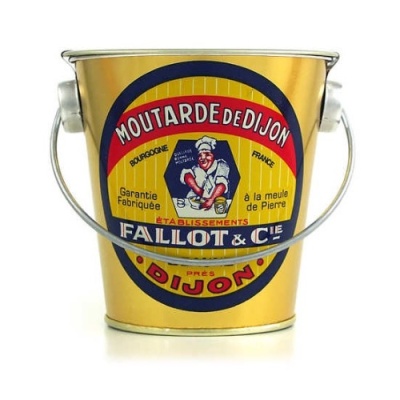 Lata metálica dourada com rótulo colorido e texto em francês de mostarda de Dijon.