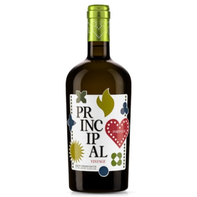 Garrafa de vinho branco com rótulo decorado colorido e tampa verde