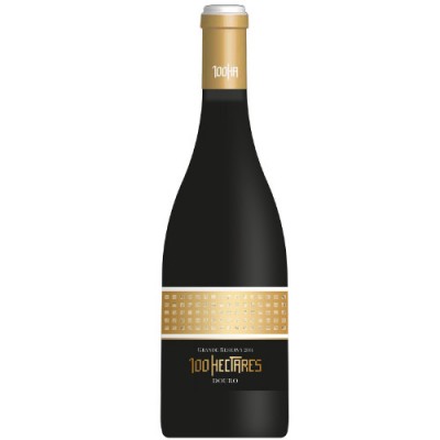 Garrafa de vinho tinto preto e dourado com texto 100 HECTARES