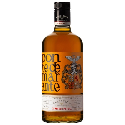 Garrafa de bebida alcoólica Ponte de Marante Original com rótulo amarelo e branco