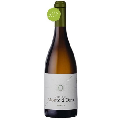 Garrafa de vinho branco Quinta do Monte d'Oiro Reserva com rótulo branco e selo verde