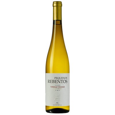 Garrafa de vinho branco Pequenos Rebentos com rótulo branco e tampa dourada