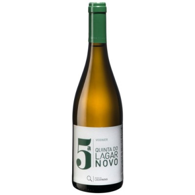 Garrafa de vinho branco Quinta do Lagar Novo com rótulo branco e texto em verde e preto.