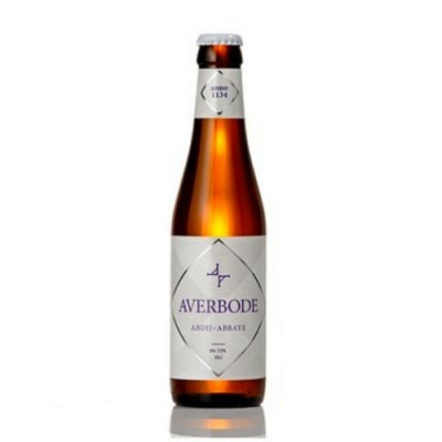Garrafa de cerveja AverBode de vidro castanho com rótulo branco e texto a roxo
