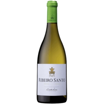 Garrafa de vinho branco Ribeiro Santo com rótulo branco e cápsula verde