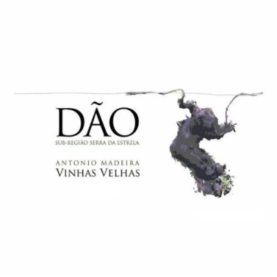 Etiqueta de vinho Dão com cachos de uvas roxas