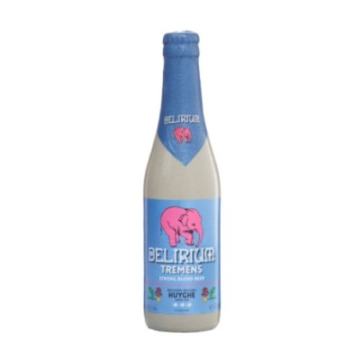 Garrafa de cerveja Delirium Tremens com rótulo azul e elefante rosa
