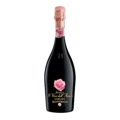 Garrafa preta de champanhe Moscato Bottega com tampa rosa e rótulo com rosa