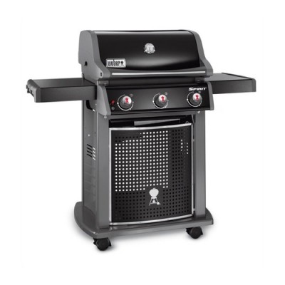 Grelhador a gás preto com três botões e duas prateleiras laterais