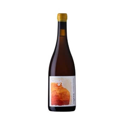 Garrafa de vinho com rótulo branco e arte abstrata em laranja e vermelho