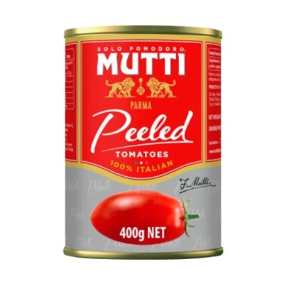 Lata de tomate pelado MUTTI 400g com rótulo vermelho e cinzento