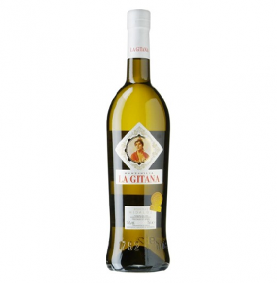 Garrafas de vinho branco La Gitana com rótulo branco e dourado