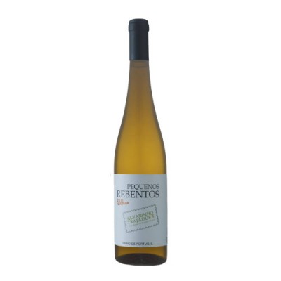 Garrafa de vinho branco Pequenos Rebentos com rótulo branco e tampa preta