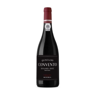Garrafa de vinho tinto Quinta do Convento com etiqueta preta e texto branco e vermelho