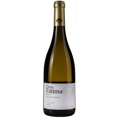 Garrafa de vinho branco Dona Fátima com rótulo branco e tampão dourado