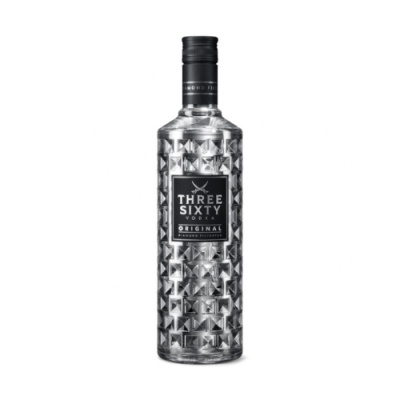 Garrafa de vodka Three Sixty Original em vidro com padrão geométrico