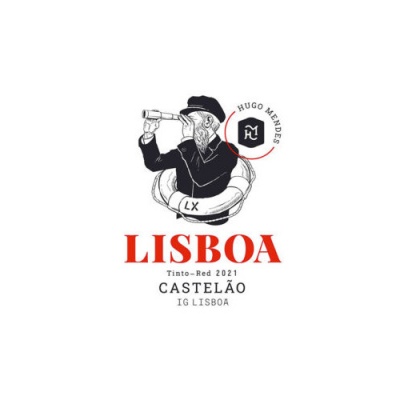 Etiqueta vinho tinto Lisboa 2021 com ilustração de homem a olhar por telescópio