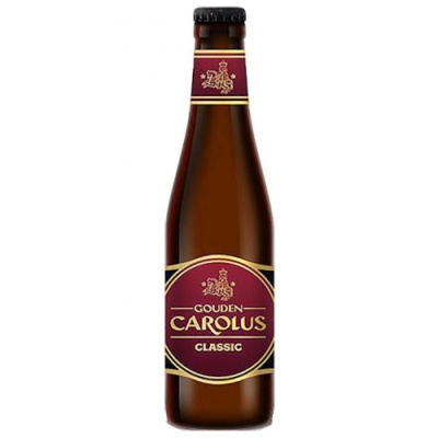 Garrafa de cerveja Gouden Carolus Classic com rótulo e tampa burgundy e dourados