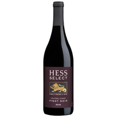 Garrafa de vinho tinto Hess Select Pinot Noir 2016 com rótulo castanho escuro e leão dourado