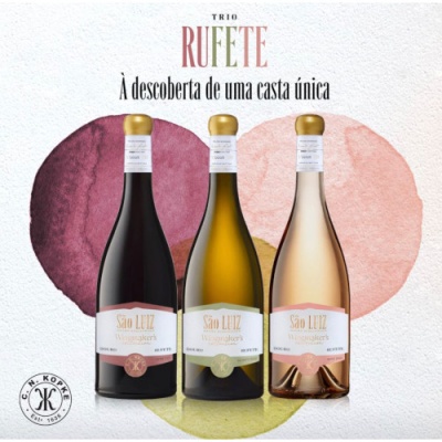 Trio de garrafas São Lútz Marques de Borba vinho tinto, branco e rosé com texto e selo