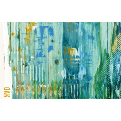 Padrão abstrato azul, verde e amarelo em madeira com texto 'OAK'